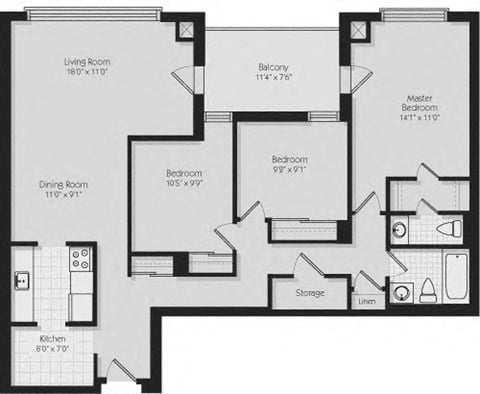 Floor plan for 3 beds, 1.5 baths, 1100 sqft